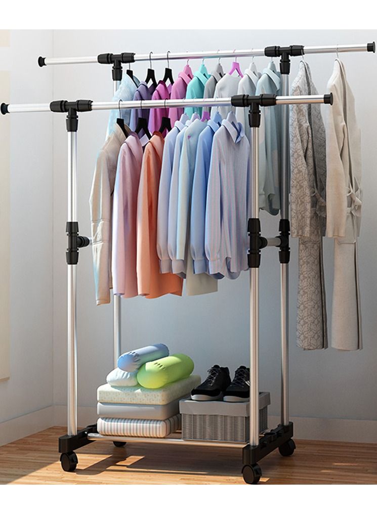 DOUBLE POLE Large Double Pole Clothes Hanger, Garment Drying Rack with Rolling wheels, Adjustable Bars Stainless Steel Poles, Silver - Image 2