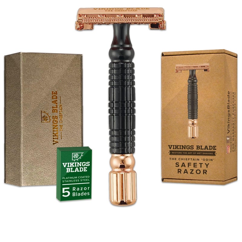 VIKINGS BLADE Double Edge Safety Razor for Men + 5 Swedish Steel Blades + Luxury Case. Smooth, Reusable, Eco-Friendly (Chieftain â€œOdinâ€) - Image 1