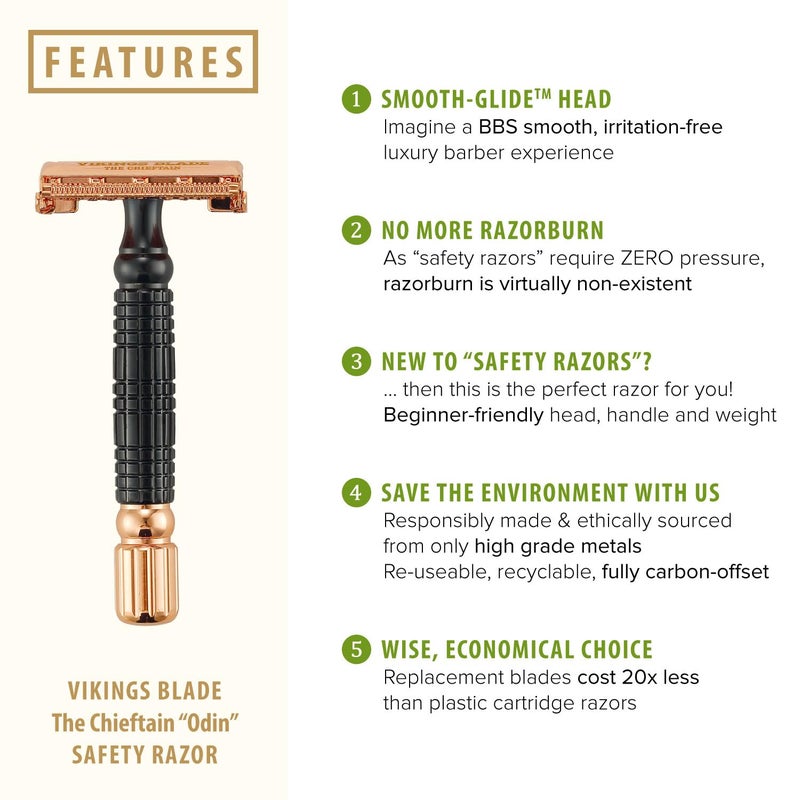 VIKINGS BLADE Double Edge Safety Razor for Men + 5 Swedish Steel Blades + Luxury Case. Smooth, Reusable, Eco-Friendly (Chieftain â€œOdinâ€) - Image 2
