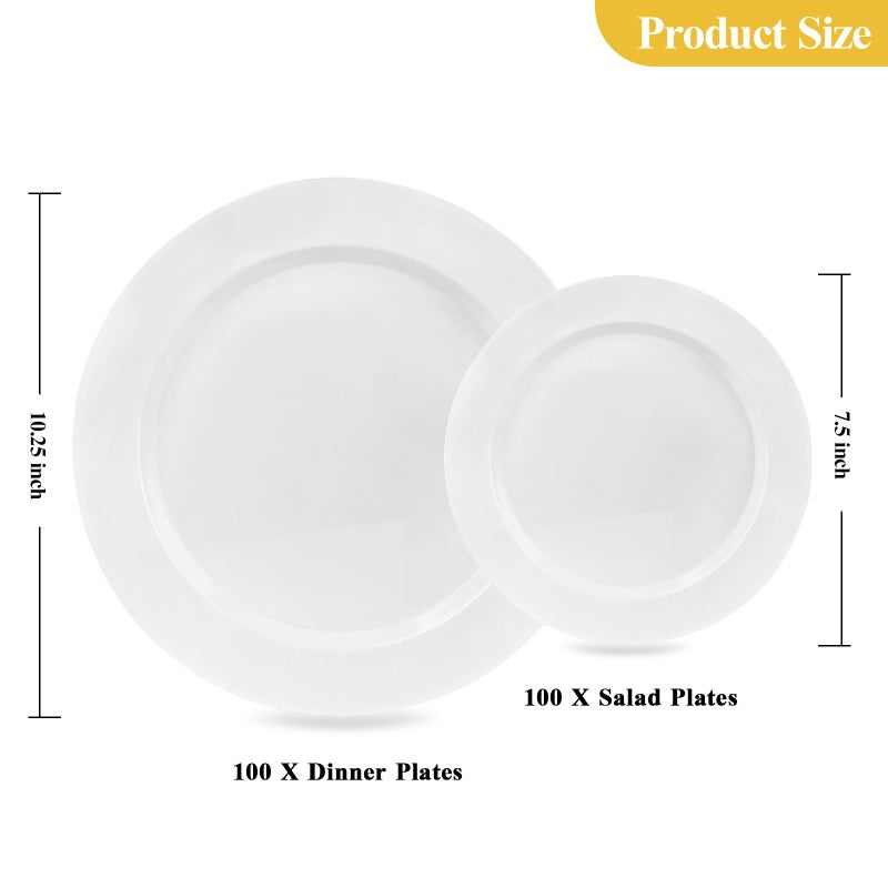 Goodluck 200PCS White Plastic Plates, Heavy Duty Disposable Plates with 100 10.25 inch Dinner Plates and 100 7.5 inch Dessert Plates for Party, Holiday, Wedding, Thanksgiving - Image 2