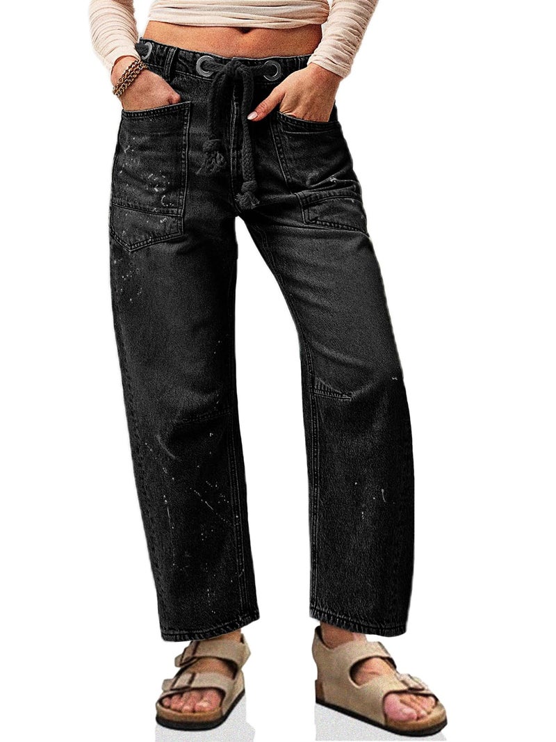 Cicy Bell Womens Baggy Barrel Horseshoe Jeans Wide Leg Drawstring Vintage Denim Pants with Front Pockets Black - Image 1
