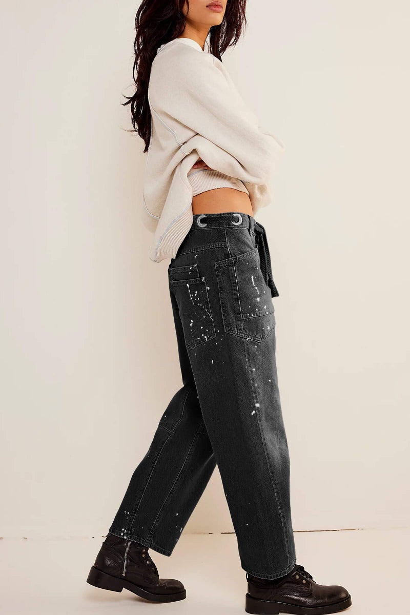 Cicy Bell Womens Baggy Barrel Horseshoe Jeans Wide Leg Drawstring Vintage Denim Pants with Front Pockets Black - Image 4
