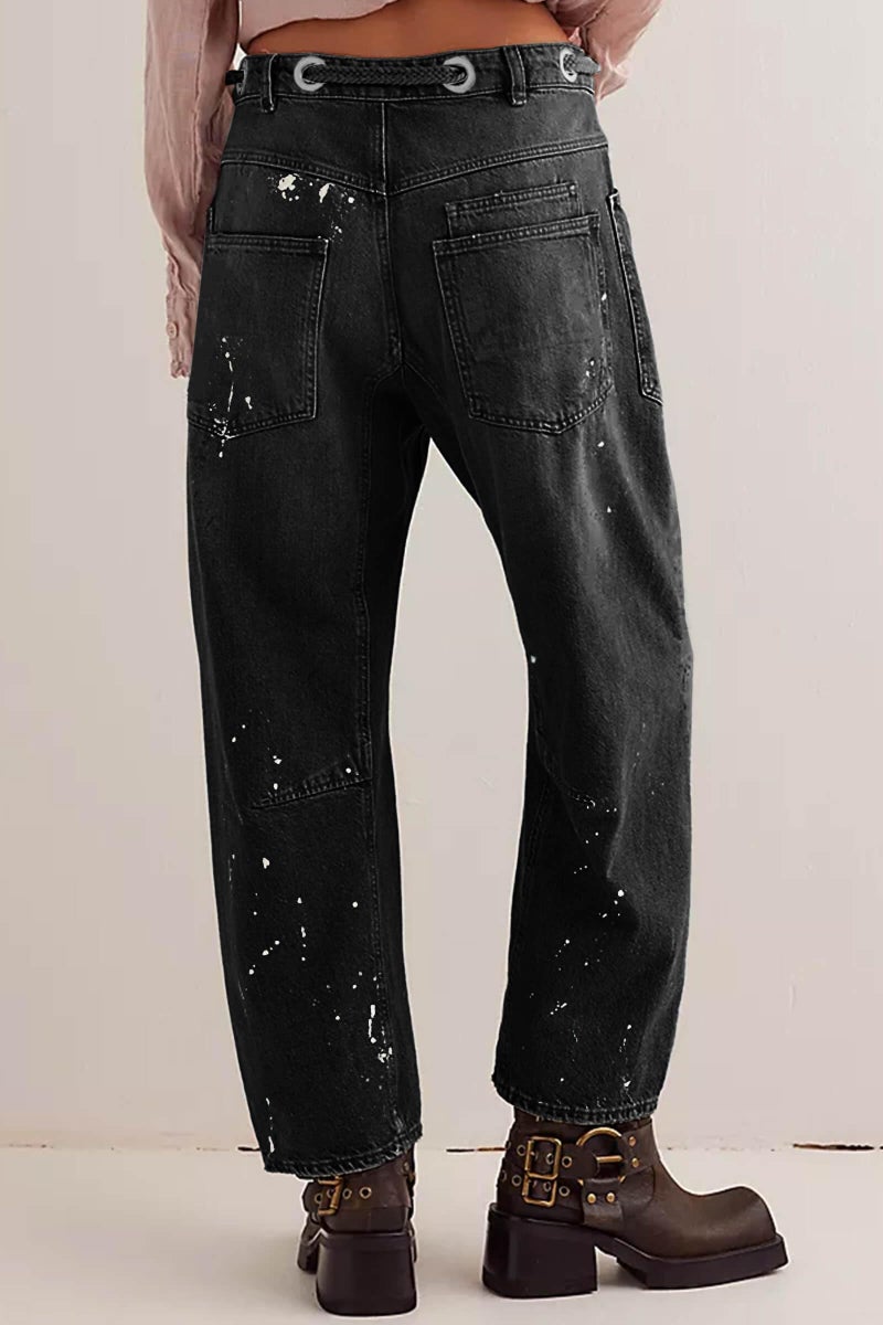 Cicy Bell Womens Baggy Barrel Horseshoe Jeans Wide Leg Drawstring Vintage Denim Pants with Front Pockets Black - Image 2