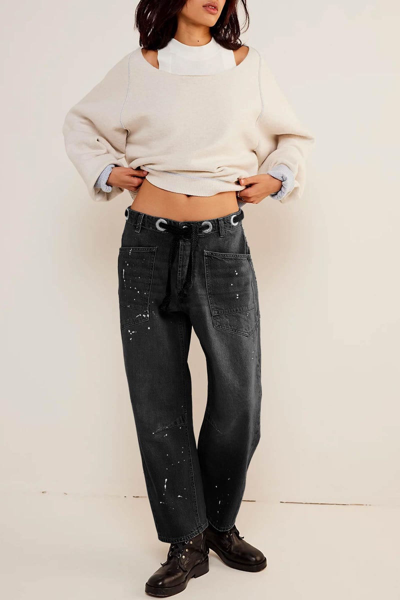 Cicy Bell Womens Baggy Barrel Horseshoe Jeans Wide Leg Drawstring Vintage Denim Pants with Front Pockets Black - Image 3
