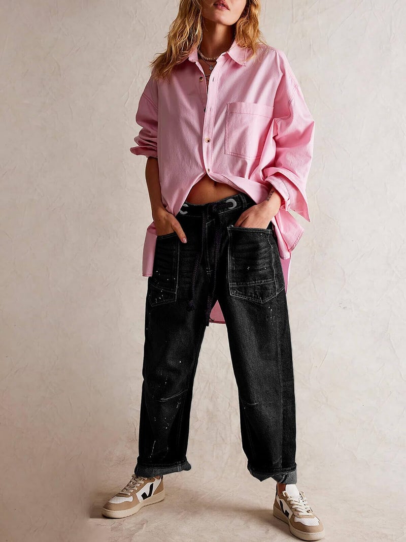 Cicy Bell Womens Baggy Barrel Horseshoe Jeans Wide Leg Drawstring Vintage Denim Pants with Front Pockets Black - Image 5