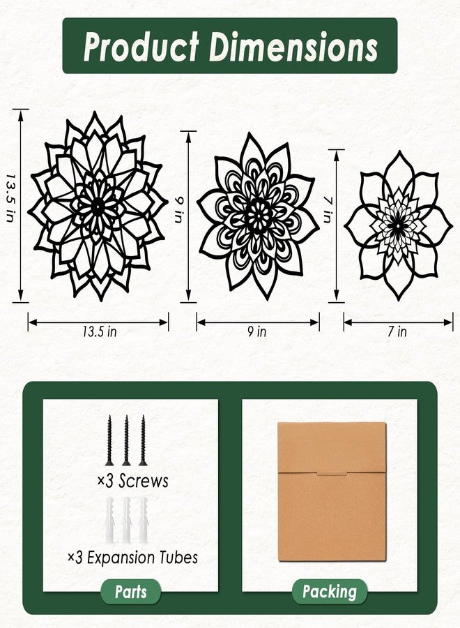 Sanwarm 3 Pieces Metal Flowers Wall Decor, Black Wall Art Decors Sunburst Mandala Bohemian Minimalist Hanging Decoration for Home Bathroom Living Room Bedroom Garden Office Housewarming Gifts - Image 3