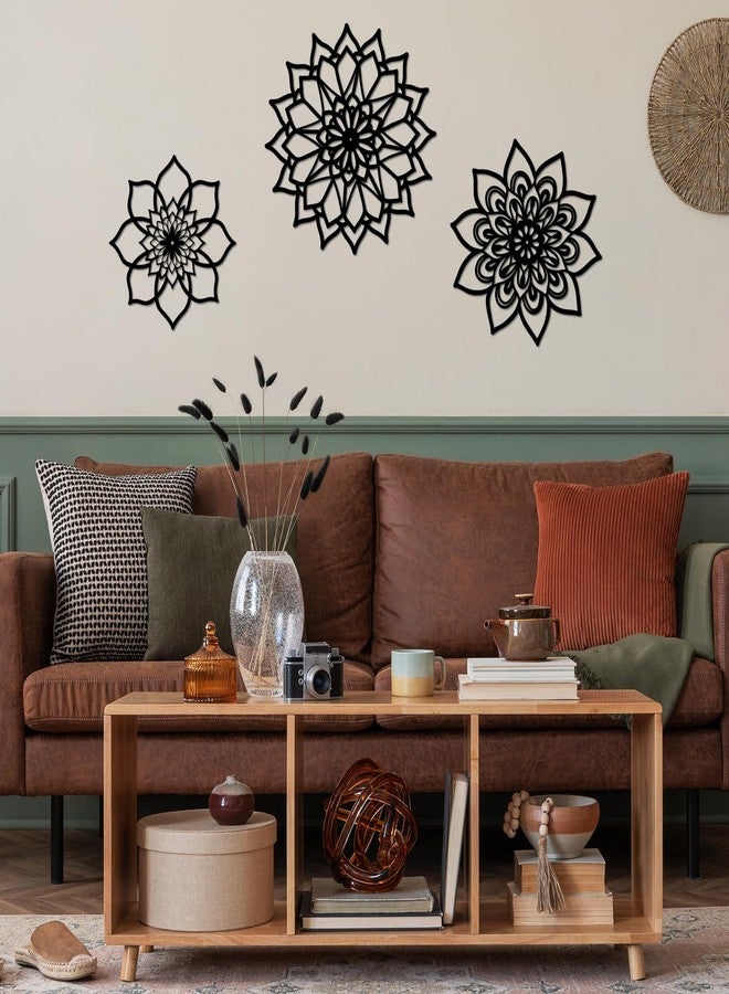 Sanwarm 3 Pieces Metal Flowers Wall Decor, Black Wall Art Decors Sunburst Mandala Bohemian Minimalist Hanging Decoration for Home Bathroom Living Room Bedroom Garden Office Housewarming Gifts - Image 2