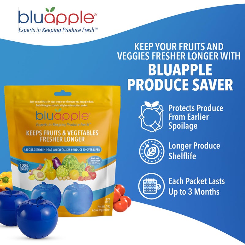 Bluapple Produce Saver Ethylene Gas Absorber 2-Pack - Keeps Fruits & Vegetables Fresh Longer in Refrigerator Crisper, Shelves, & Fruit Bowls, Lasts up to 3 Months, Produce Storage, BPA Free, USA Made - Image 2