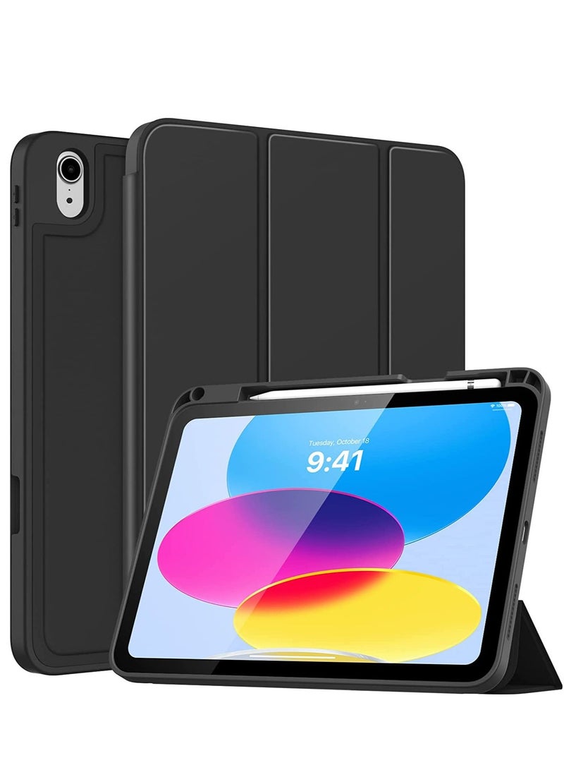 جراب iPad من الجيل العاشر مع حامل أقلام iPad 10.9 بوصة حافظة جلدية 2022 من البولي يوريثان الحراري الذكي بغطاء خلفي لجهاز iPad من الجيل العاشر يدعم معرف اللمس والاستيقاظ التلقائي / النوم أسود - Image 1
