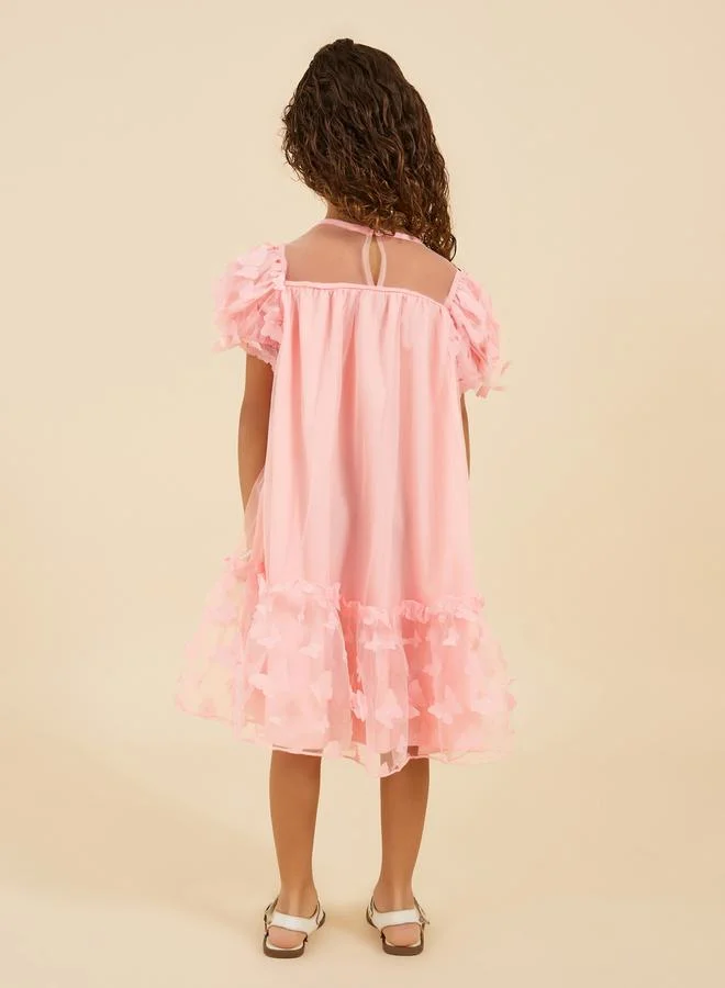 Styli Butterfly Applique Mesh Off Shoulder Dress with Bag