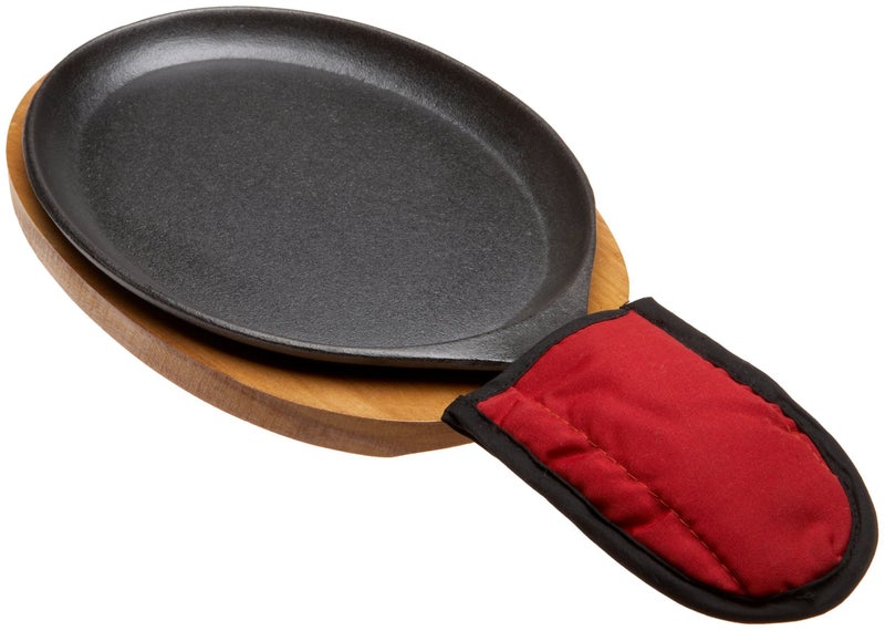 Fajita Plate Set Preseasoned Cast Iron Fajita Pan with Wooden Tray and Hot Mitt by Old Mountain