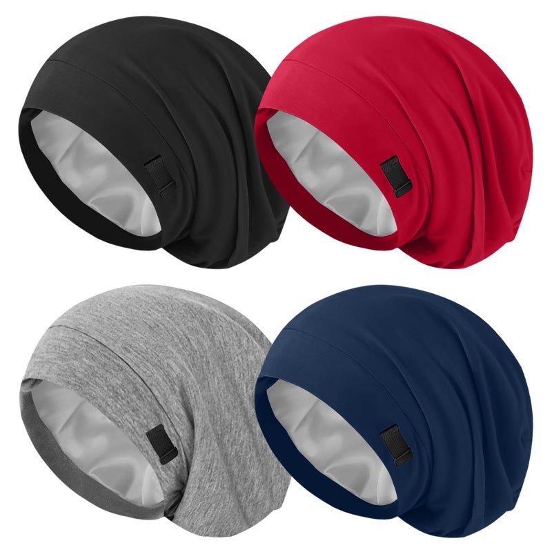 ZHENSILK 4Pcs Silk Satin Lined Sleep Cap Bonnets for Women Men, Adjustable Satin Bonnet for Sleeping Hair Wrap Slouchy Beanie Hat for Curly Hair and Braids - Image 1
