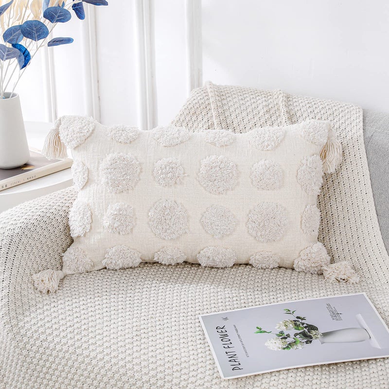 PANOD Super Soft Farmhouse Decorative Plush Throw Pillow Covers 12 x 20 WhiteSolid Pom pom Tufted with Tassels Modern Accent Boho Lumbar Cushion Cover Pillow Case for Couch Sofa