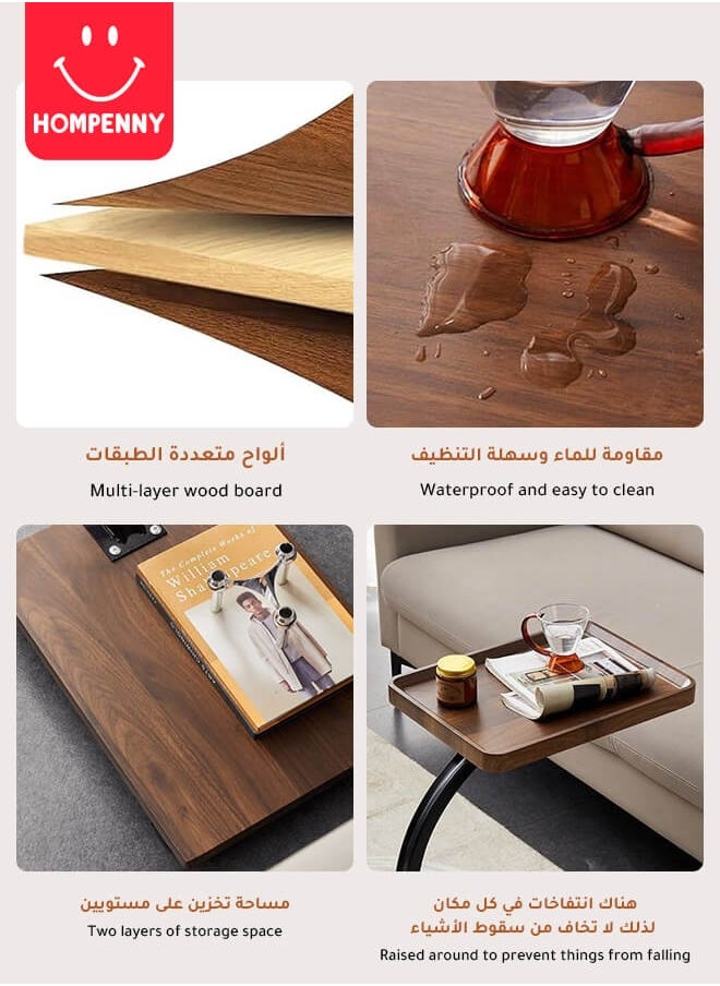 Multi-Functional C-Shaped End Table | Movable Sofa Coffee Table | Bedroom Nightstand | Luxury Wood Grain Small Table | 360° Swivel Wheels | Easy Storage