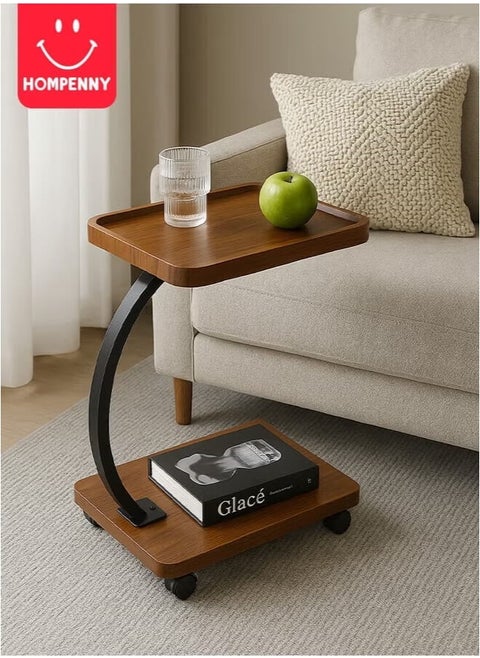 Multi-Functional C-Shaped End Table | Movable Sofa Coffee Table | Bedroom Nightstand | Luxury Wood Grain Small Table | 360° Swivel Wheels | Easy Storage