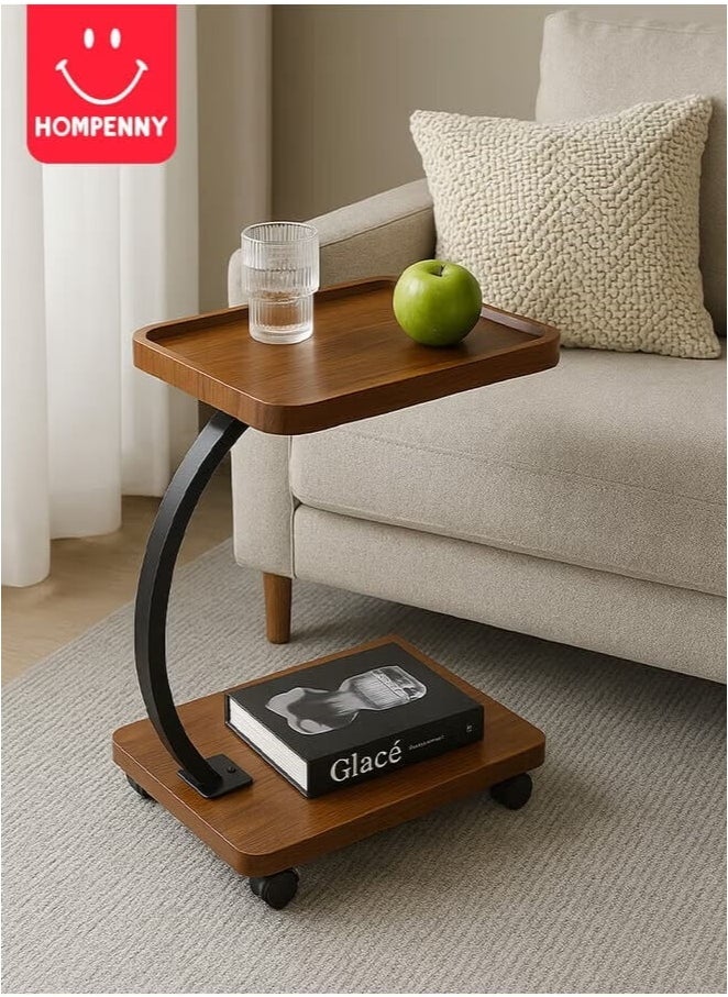Multi-Functional C-Shaped End Table | Movable Sofa Coffee Table | Bedroom Nightstand | Luxury Wood Grain Small Table | 360° Swivel Wheels | Easy Storage