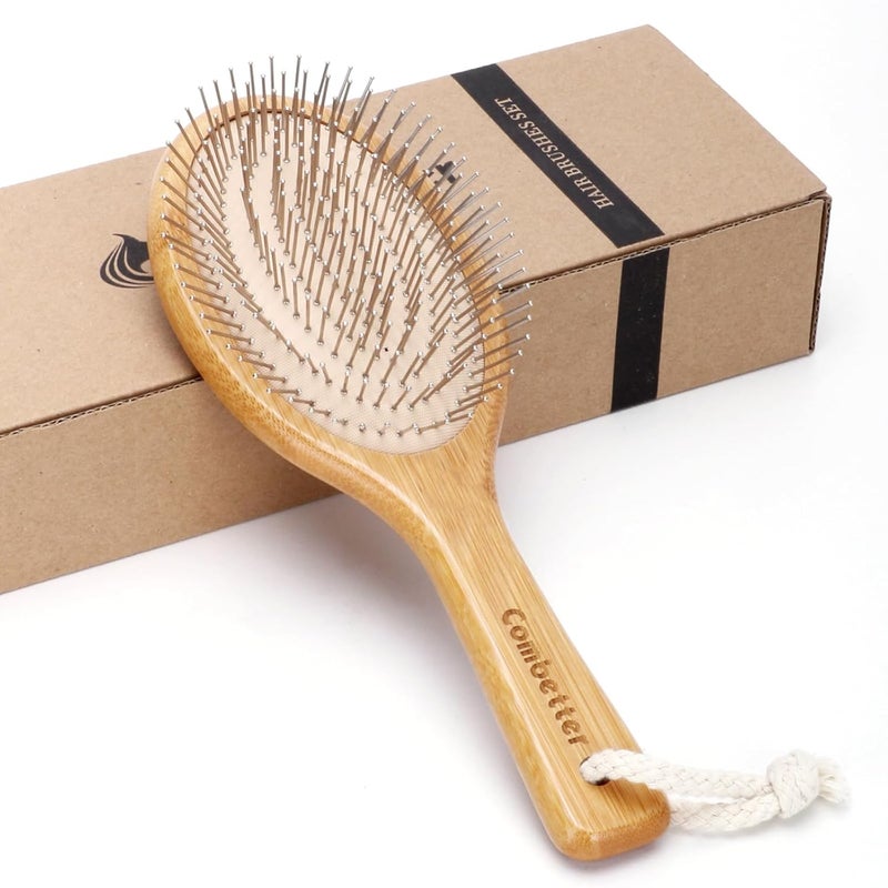 Bamboo Hair Brush Smoothing HairMassage Detangling AntiStatic Hairbrush Natural Wood Comb with Metal Bristles for Women Men  Children