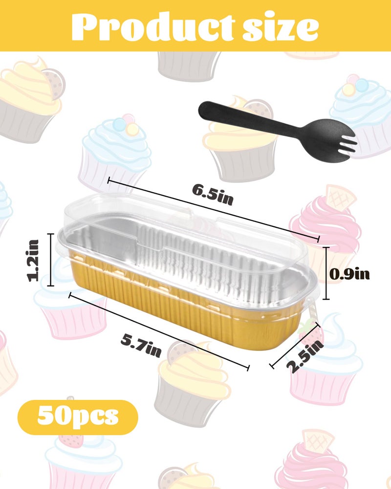 Tikxlafe 50 Pack Mini Loaf Pans with Lids and Spoons, 6.8oz Aluminum Foil Baking Pans, Disposable Rectangular Ramekins for Mini Cake, Bread, Brownie & Cheesecake - Heat Resistant Cupcake Containers-Gold - Image 4