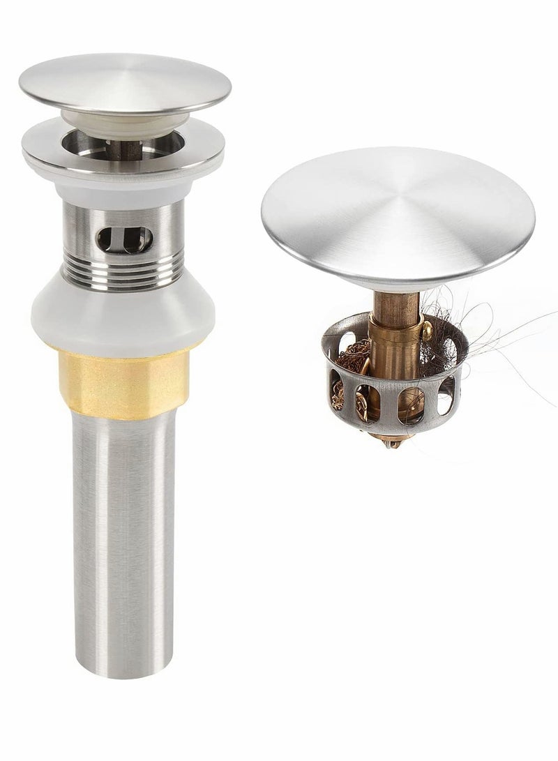 KASTWAVE Bathroom Sink Drain with Overflow, 304 Stainless Steel Pop-up Drain with Detachable Strainer Basket, Anti-Clogging Hair Catcher Assembly Stopper Vessel Sink (Brushed Nickel) - Image 1