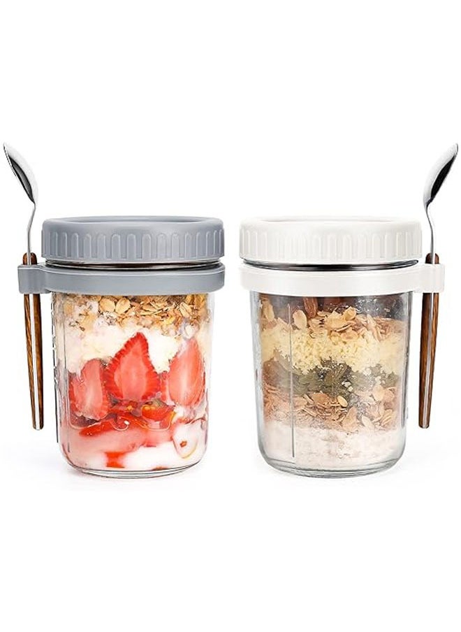 Arabest - Overnight Oats Jars with Spoon and Lid 10 oz [2 Pack], Airtight Oatmeal Container with Measurement Marks, Jars with Lid for Cereal On The Go Container (grey and white) - Image 1