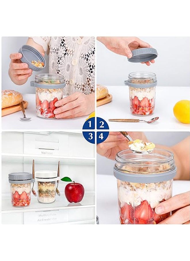 Arabest - Overnight Oats Jars with Spoon and Lid 10 oz [2 Pack], Airtight Oatmeal Container with Measurement Marks, Jars with Lid for Cereal On The Go Container (grey and white) - Image 1