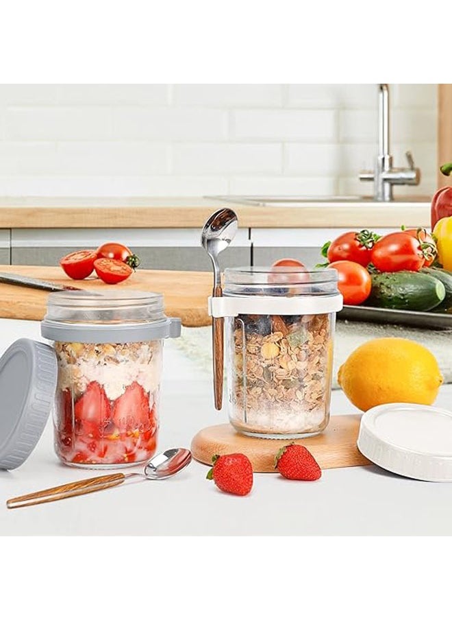 Arabest - Overnight Oats Jars with Spoon and Lid 10 oz [2 Pack], Airtight Oatmeal Container with Measurement Marks, Jars with Lid for Cereal On The Go Container (grey and white) - Image 1