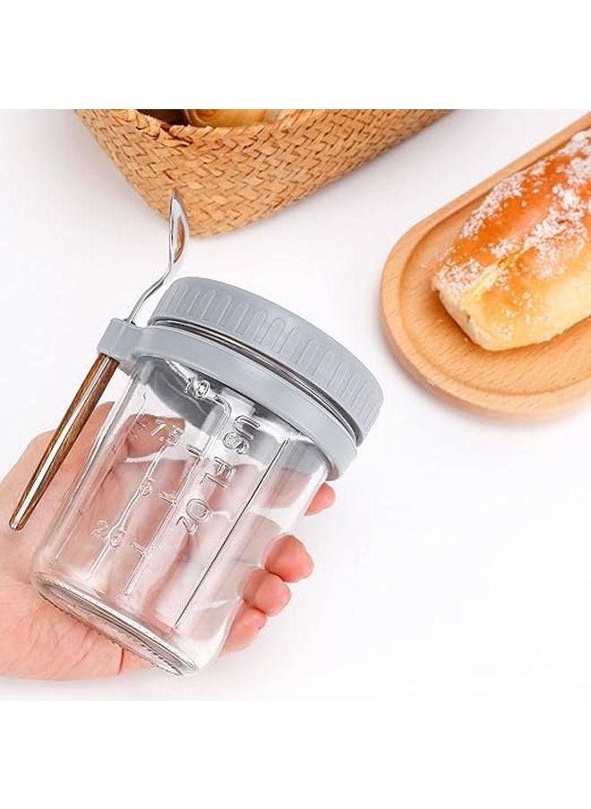 Arabest - Overnight Oats Jars with Spoon and Lid 10 oz [2 Pack], Airtight Oatmeal Container with Measurement Marks, Jars with Lid for Cereal On The Go Container (grey and white) - Image 1