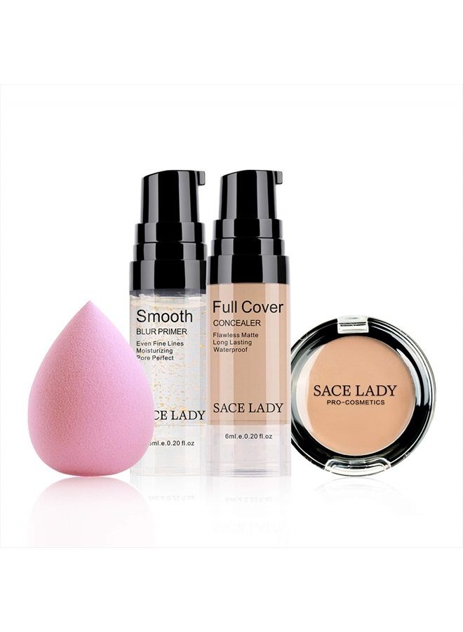 SACE LADY Waterproof Full Coverage Concealer With Primer Sponge Set, Smooth Matte Flawless Creamy Liquid Foundation Corrector Makeup Kit for Face Eye Dark Circles Spot Acne Scar Cover (0.2Fl, Natural) - Image 1