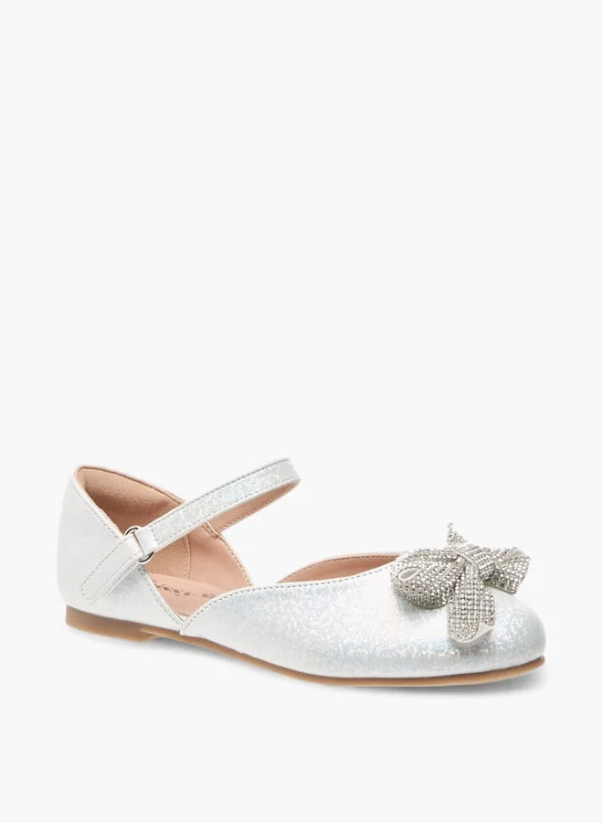 Little Missy Girls Embellished Bow Ballerina Shoes With Hook And Loop Closure
