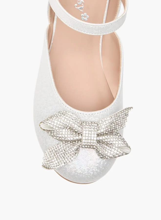 Little Missy Girls Embellished Bow Ballerina Shoes With Hook And Loop Closure