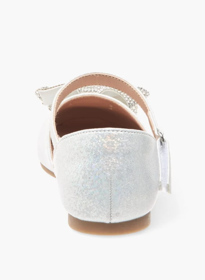 Little Missy Girls Embellished Bow Ballerina Shoes With Hook And Loop Closure