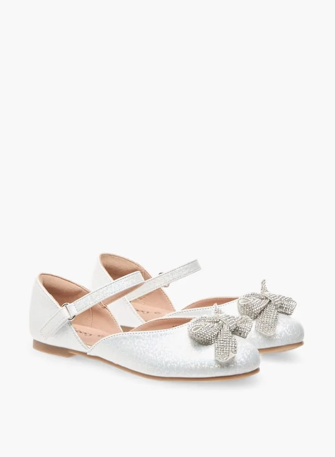 Little Missy Girls Embellished Bow Ballerina Shoes With Hook And Loop Closure