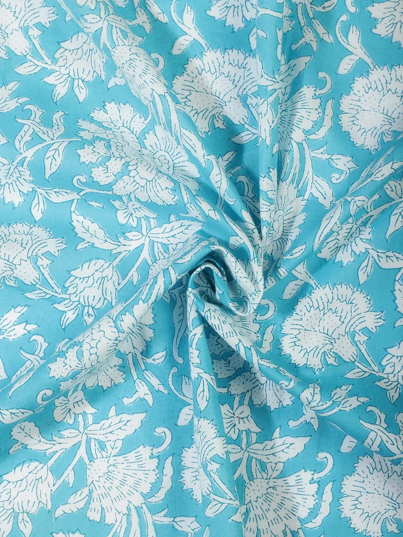 أيه كيه إس Turquoise Blue Floral Block Print Fabric