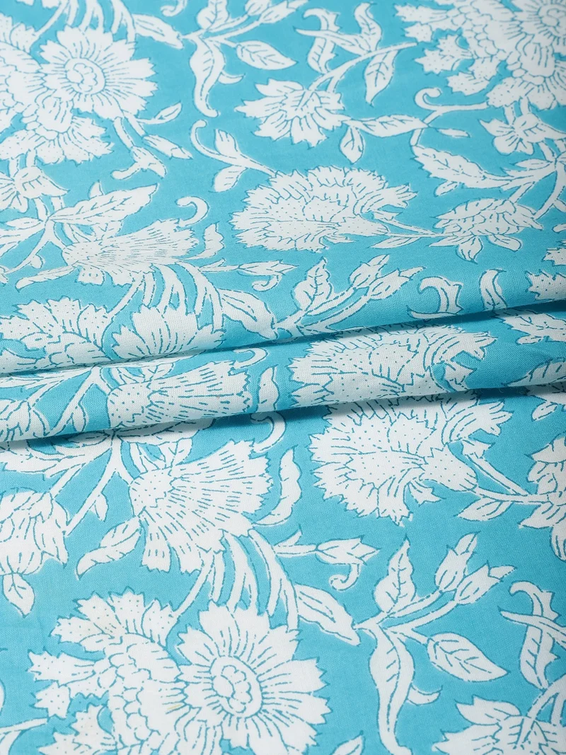 أيه كيه إس Turquoise Blue Floral Block Print Fabric