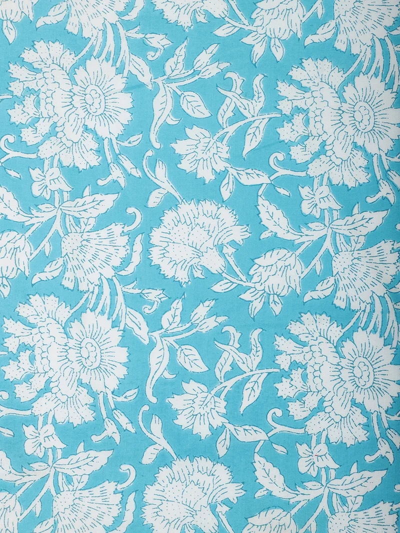 AKS  Turquoise Blue Floral Block Print Fabric  | Best Price UAE