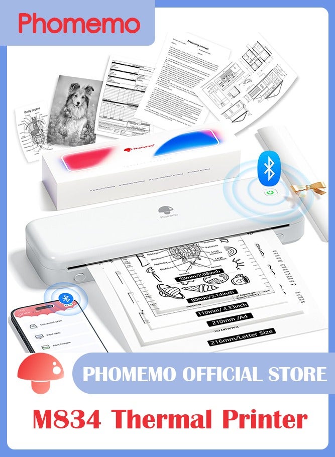 M834 (Upgraded) Portable Printer, Wireless Bluetooth Thermal Printer, Support Multi-Size Thermal Paper, Compatible with iOS, Android & PC, Inkless for Travel, Office, School, 300dpi