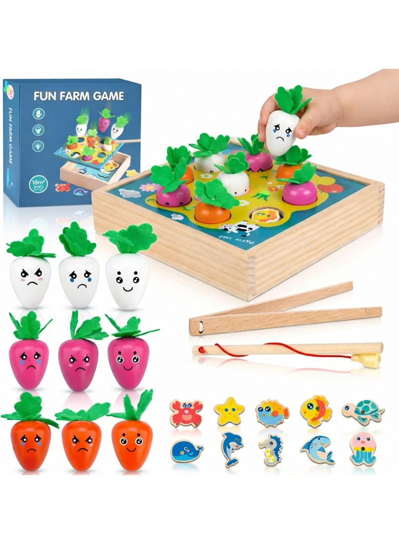 لعبة مونتيسوري الخشبية للأطفال - لعبة حصاد الجزر 3 في 1، فرز وصيد مغناطيسي، لعبة تعليمية لتطوير المهارات الحركية الدقيقة للأطفال من 1 إلى 3 سنوات، خشب غير سام، مجموعة مزرعة تحتوي على أكثر من 20 قطعة