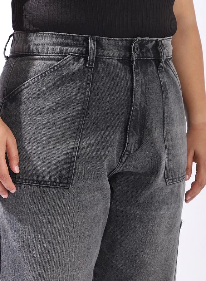 HIGH STAR Women Relaxed Mom Fit Carpentar Cargo High-Rise Jeans
