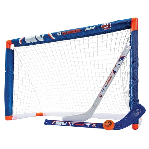 Franklin Sports New York Islanders Mini Hockey Set - Knee Hockey Goal, Ball, & 2 Hockey Stick Combo Set - Mini Goal Net - NHL Official Hockey Set , 28" x 20" x 12" - Image 1