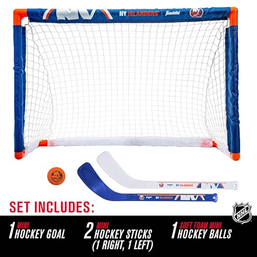 Franklin Sports New York Islanders Mini Hockey Set - Knee Hockey Goal, Ball, & 2 Hockey Stick Combo Set - Mini Goal Net - NHL Official Hockey Set , 28" x 20" x 12" - Image 2