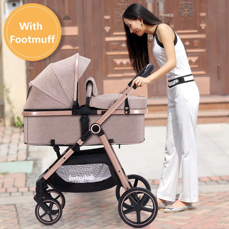 Lortsybab 2-in-1 Baby Stroller - Folding Infant Newborn Pram Stroller with Reversible Seat - Toddler Strollers for 0-36 Months Old Babies (Beige) - Image 4