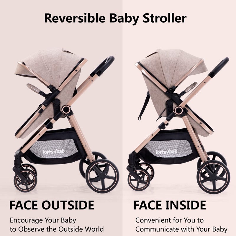 Lortsybab 2-in-1 Baby Stroller - Folding Infant Newborn Pram Stroller with Reversible Seat - Toddler Strollers for 0-36 Months Old Babies (Beige) - Image 3