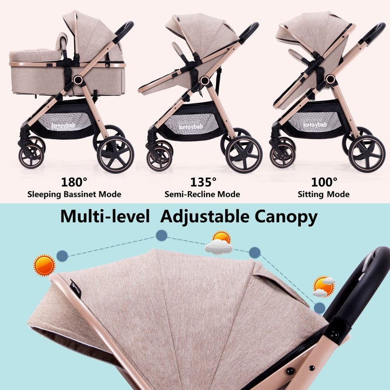 Lortsybab 2-in-1 Baby Stroller - Folding Infant Newborn Pram Stroller with Reversible Seat - Toddler Strollers for 0-36 Months Old Babies (Beige) - Image 2