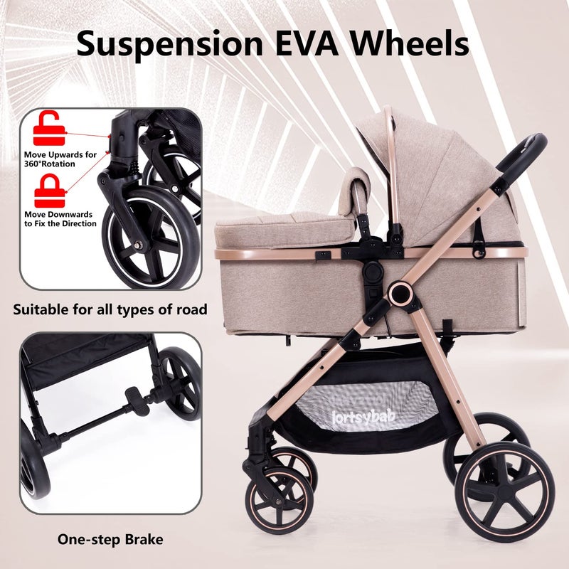 Lortsybab 2-in-1 Baby Stroller - Folding Infant Newborn Pram Stroller with Reversible Seat - Toddler Strollers for 0-36 Months Old Babies (Beige) - Image 5