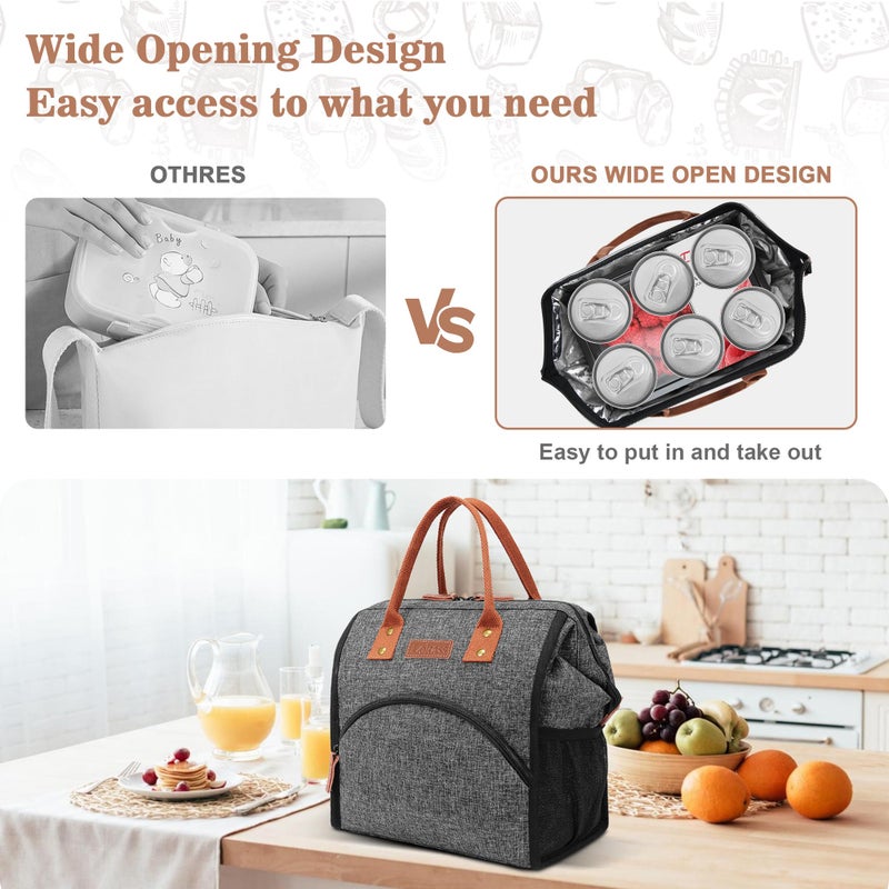 LOKASS Lunch Bag Insulated Lunch Box Wide-Open Lunch Tote Bag Large Drinks Holder Durable Nylon Snacks Organizer with Removable Shoulder Strap for Women Men Adults Work Outdoor,Black - Image 2