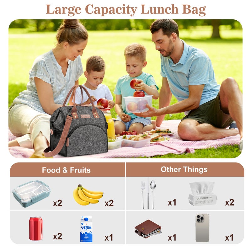 LOKASS Lunch Bag Insulated Lunch Box Wide-Open Lunch Tote Bag Large Drinks Holder Durable Nylon Snacks Organizer with Removable Shoulder Strap for Women Men Adults Work Outdoor,Black - Image 3