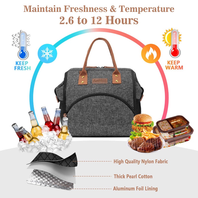 LOKASS Lunch Bag Insulated Lunch Box Wide-Open Lunch Tote Bag Large Drinks Holder Durable Nylon Snacks Organizer with Removable Shoulder Strap for Women Men Adults Work Outdoor,Black - Image 4