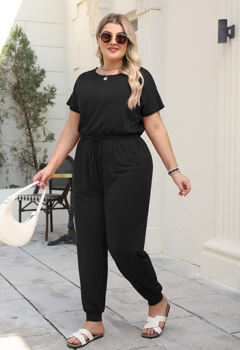Nemidor Plus Size Casual Jumpsuits for Curvy Women Summer Short Sleeve Drawstring Waist Long Pant Romper with Pocket 16-26(254,26,Black) - Image 4