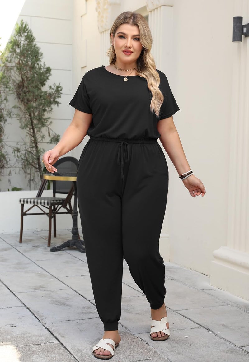 Nemidor Plus Size Casual Jumpsuits for Curvy Women Summer Short Sleeve Drawstring Waist Long Pant Romper with Pocket 16-26(254,26,Black) - Image 3
