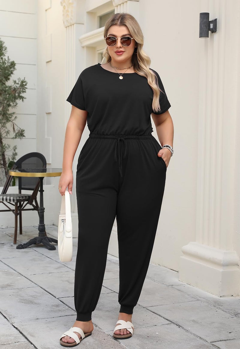 Nemidor Plus Size Casual Jumpsuits for Curvy Women Summer Short Sleeve Drawstring Waist Long Pant Romper with Pocket 16-26(254,26,Black) - Image 2